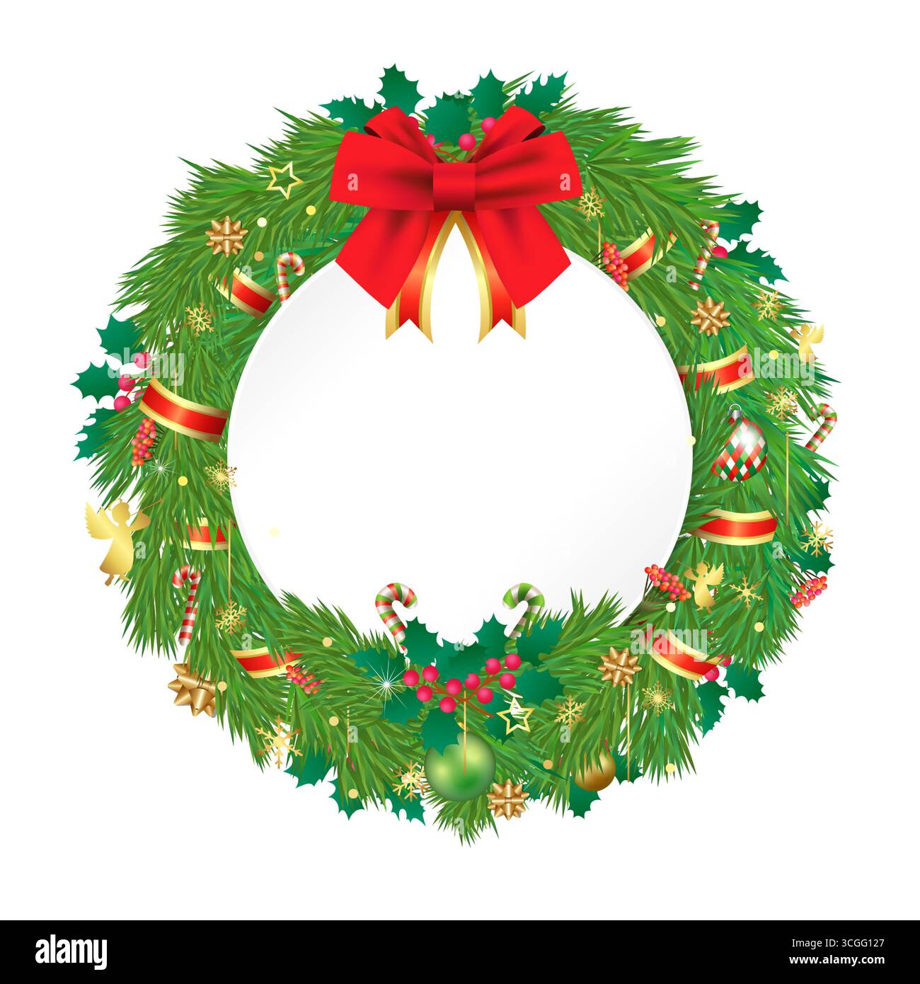 Graziosa e realistica cornice rotonda con spazio di copia per gli auguri di Natale. Modello cartolina. Pine e holly si diramano con una serie di decorazioni natalizie Illustrazione Vettoriale