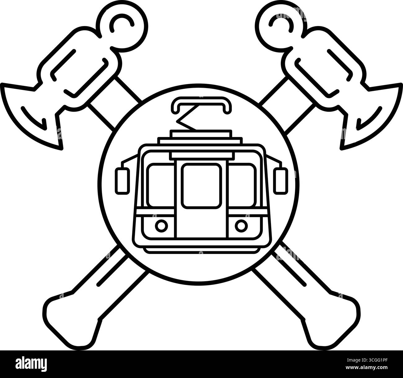 Un disegno in bianco e nero di un treno con una croce sopra. La croce è composta da due assi Illustrazione Vettoriale