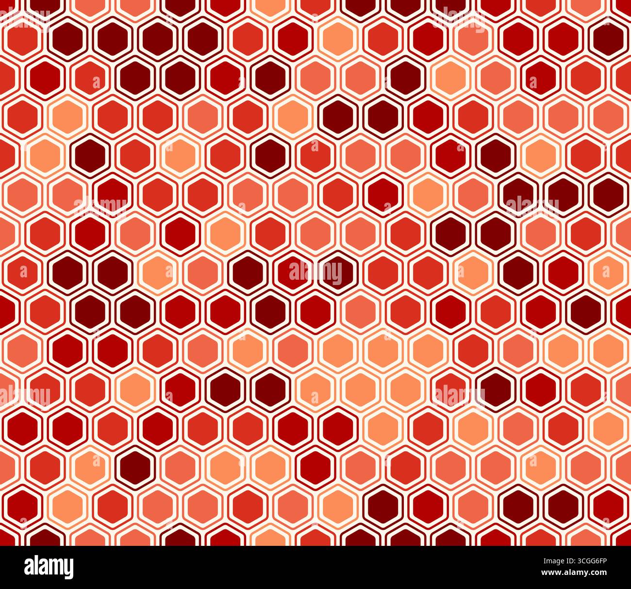 Sfondo modello astratto. Audaci esagoni arrotondati motivo a mosaico con celle piene interne. Toni di colore rosso. Celle esagonali. Motivo senza cuciture. Illustrazione Vettoriale