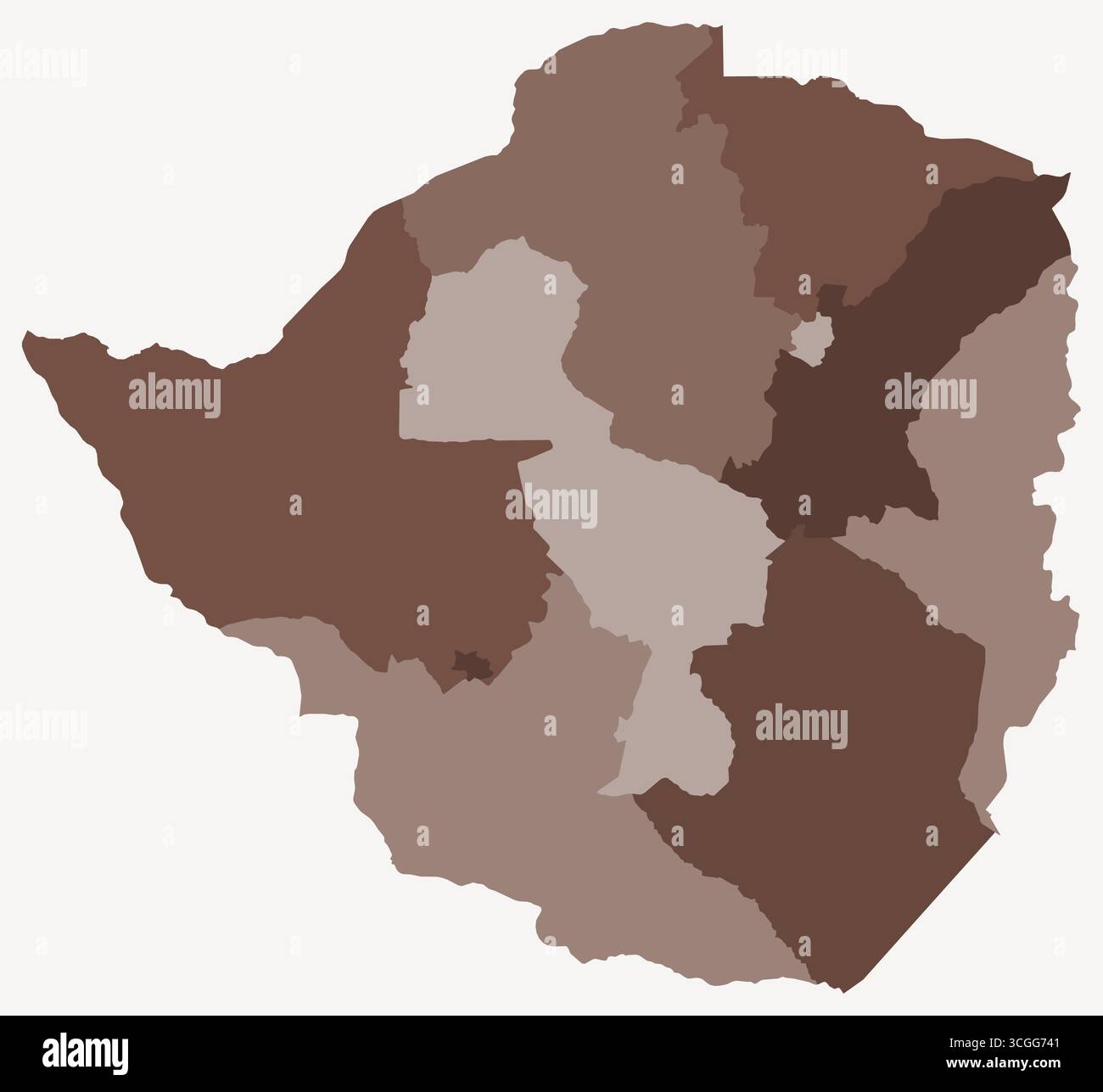 Mappa dello Zimbabwe con le regioni. Solo una semplice mappa di confine con la divisione della regione. Tavolozza dei colori marrone. Illustrazione Vettoriale