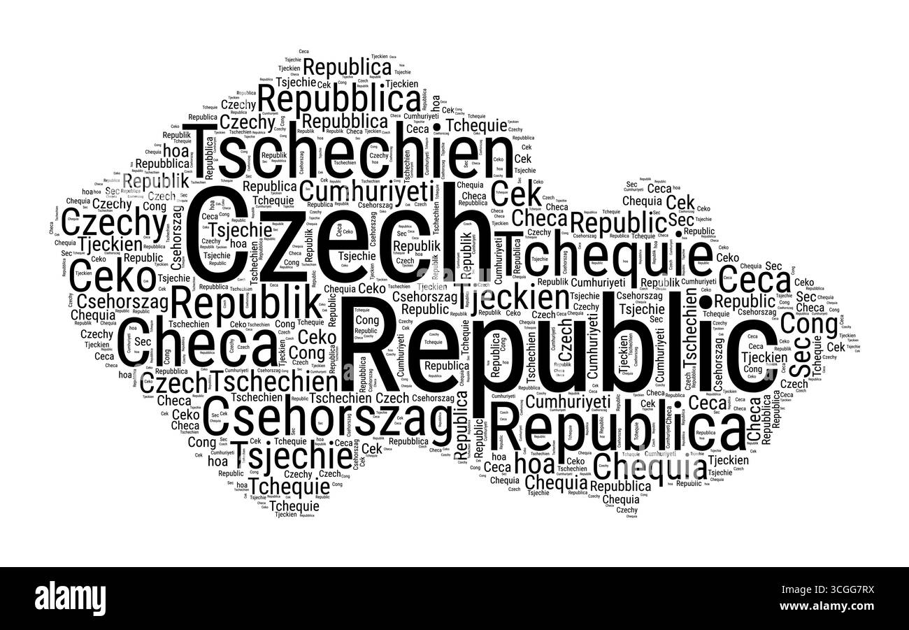 Nuvola di parole in bianco e nero a forma di Repubblica Ceca. Semplice illustrazione del paese in stile tipografico. Illustrazione Vettoriale