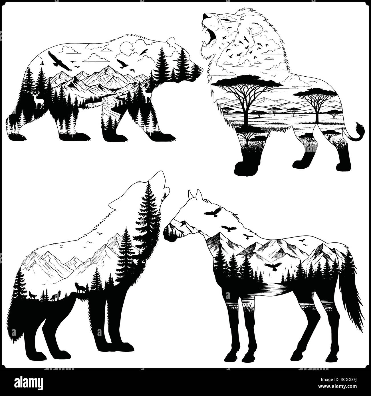 Sagome di animali piene di paesaggi di montagne e alberi in stile artistico bianco e nero Illustrazione Vettoriale