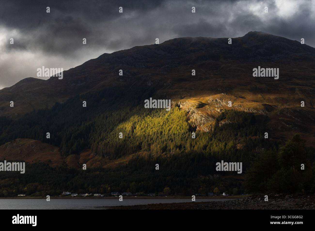 La luce del sole si apre attraverso le nuvole sulla foresta di montagna Foto Stock