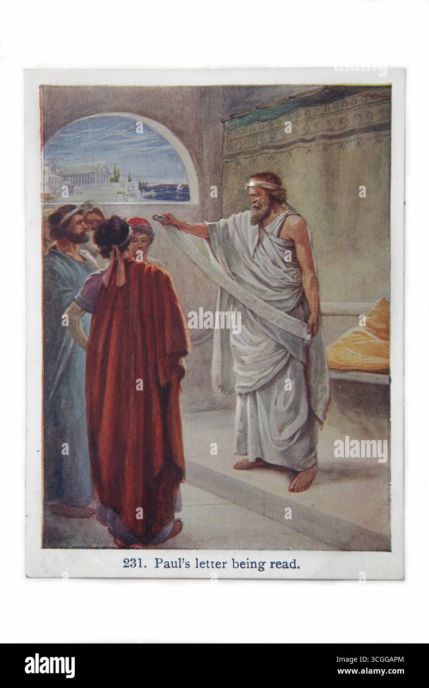 Illustrazione dei Corinzi che leggono la lettera di Paolo (Corinthian) del XX secolo 1916 Bible Lesson Pictures (The Children Lesson Pictures) Sunday School Union Foto Stock