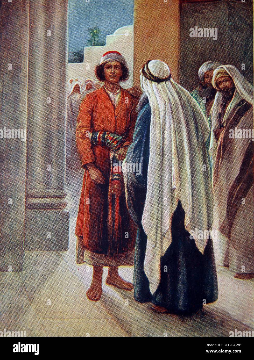 Illustrazione degli Apostoli che scelgono Santo Stefano come uno dei sette aiutanti (diaconi) per distribuire l'elemosina ai poveri (atti) del XX secolo Foto Stock