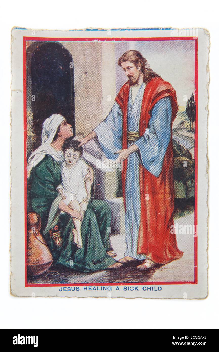 Illustrazione di Gesù Cristo guarire un bambino malato dalla Bibbia del XX secolo Lesson Pictures (The Children Lesson Pictures) Unione scolastica domenicale Foto Stock