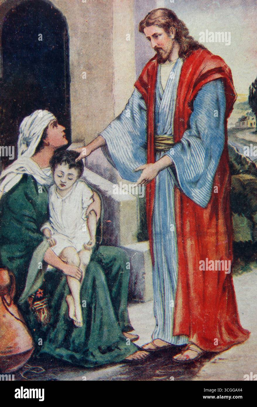 Illustrazione di Gesù Cristo guarire un bambino malato dalla Bibbia del XX secolo Lesson Pictures (The Children Lesson Pictures) Unione scolastica domenicale Foto Stock