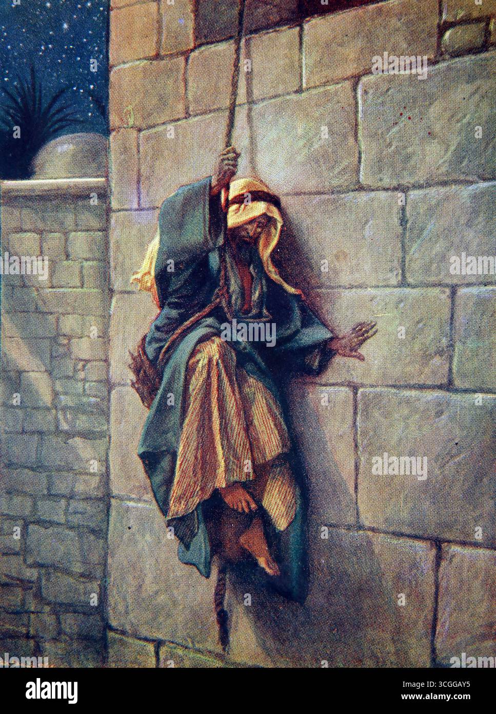 Illustrazione di Paolo deluso dal muro in un cesto dei suoi discepoli che aiutano a fuggire da Damasco (II Corinzio) dalla lezione biblica del XX secolo del 1916 Foto Stock