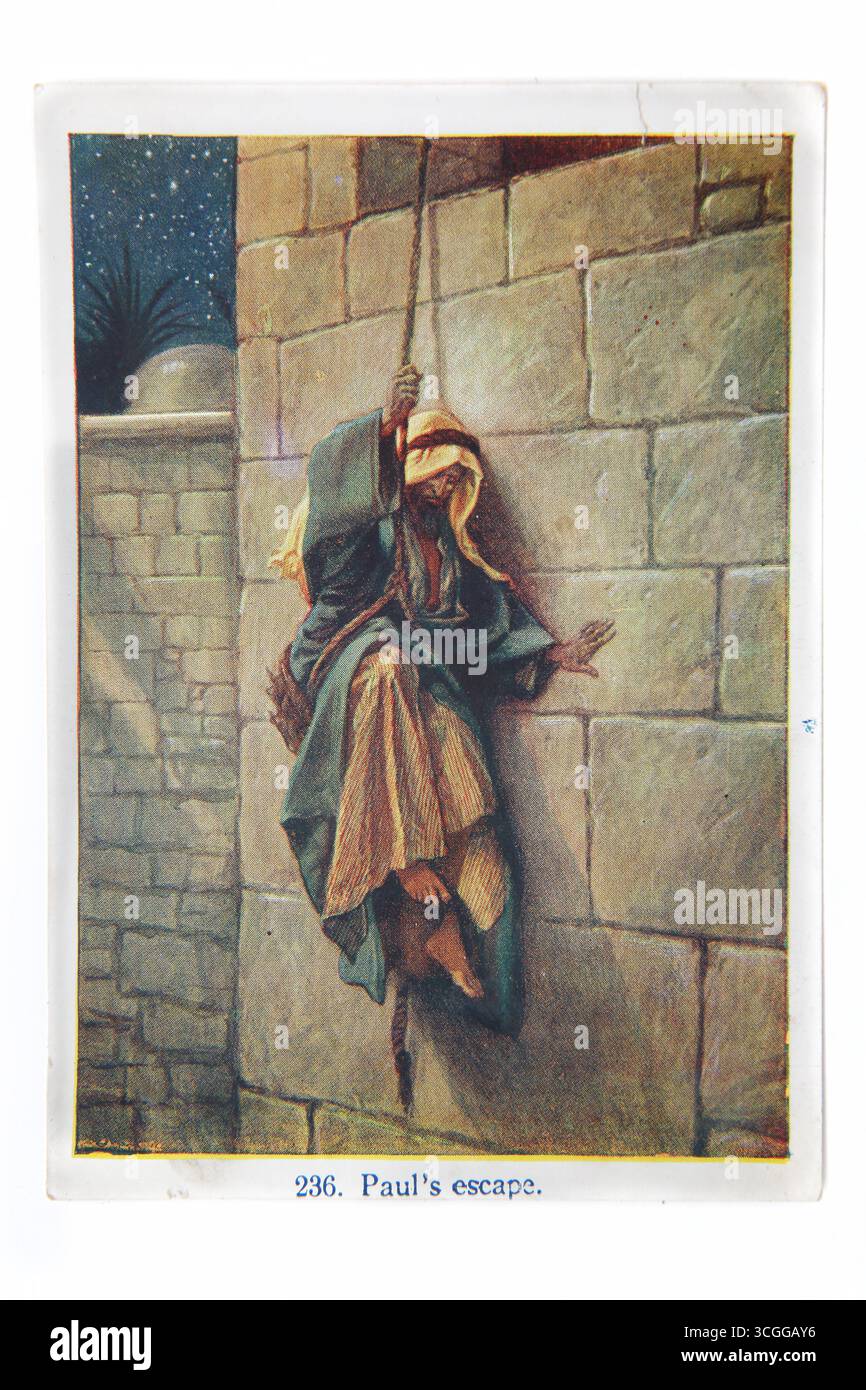 Illustrazione di Paolo deluso dal muro in un cesto dei suoi discepoli che aiutano a fuggire da Damasco (II Corinzio) dalla lezione biblica del XX secolo del 1916 Foto Stock