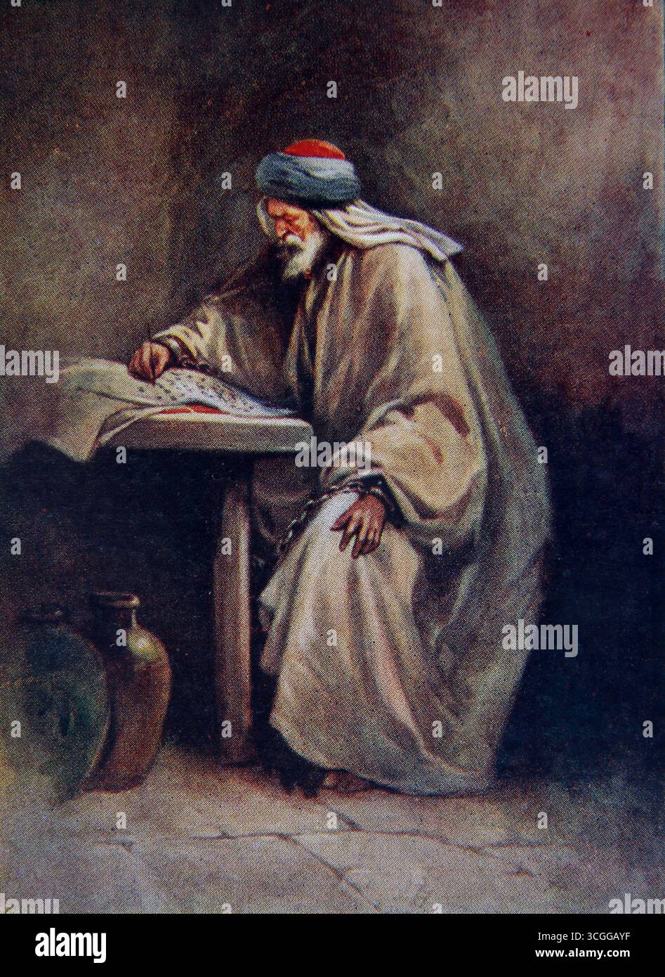 Illustrazione di San Paolo imprigionato scrivendo le sue Epistole (II Corinthians) dal XX secolo 1916 Bibbia Lesson Pictures (The Children Lesson PIC Foto Stock