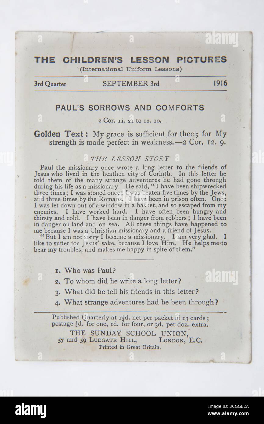 Testo sul retro di 1916 immagini della lezione della Bibbia (le foto della lezione dei bambini) tessera sindacale della scuola domenicale Foto Stock