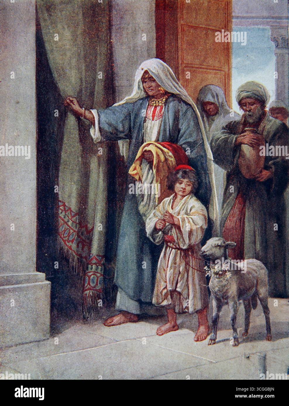 Illustrazione della Grazia di donare - famiglia che donano capra ai poveri (2 Corinthian) dal XX secolo 1916 Bibbia Lesson Pictures (i bambini L Foto Stock