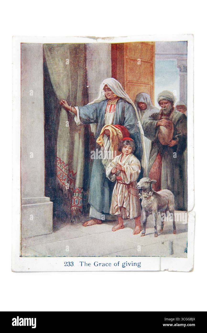 Illustrazione della Grazia di donare - famiglia che donano capra ai poveri (2 Corinthian) dal XX secolo 1916 Bibbia Lesson Pictures (i bambini L Foto Stock