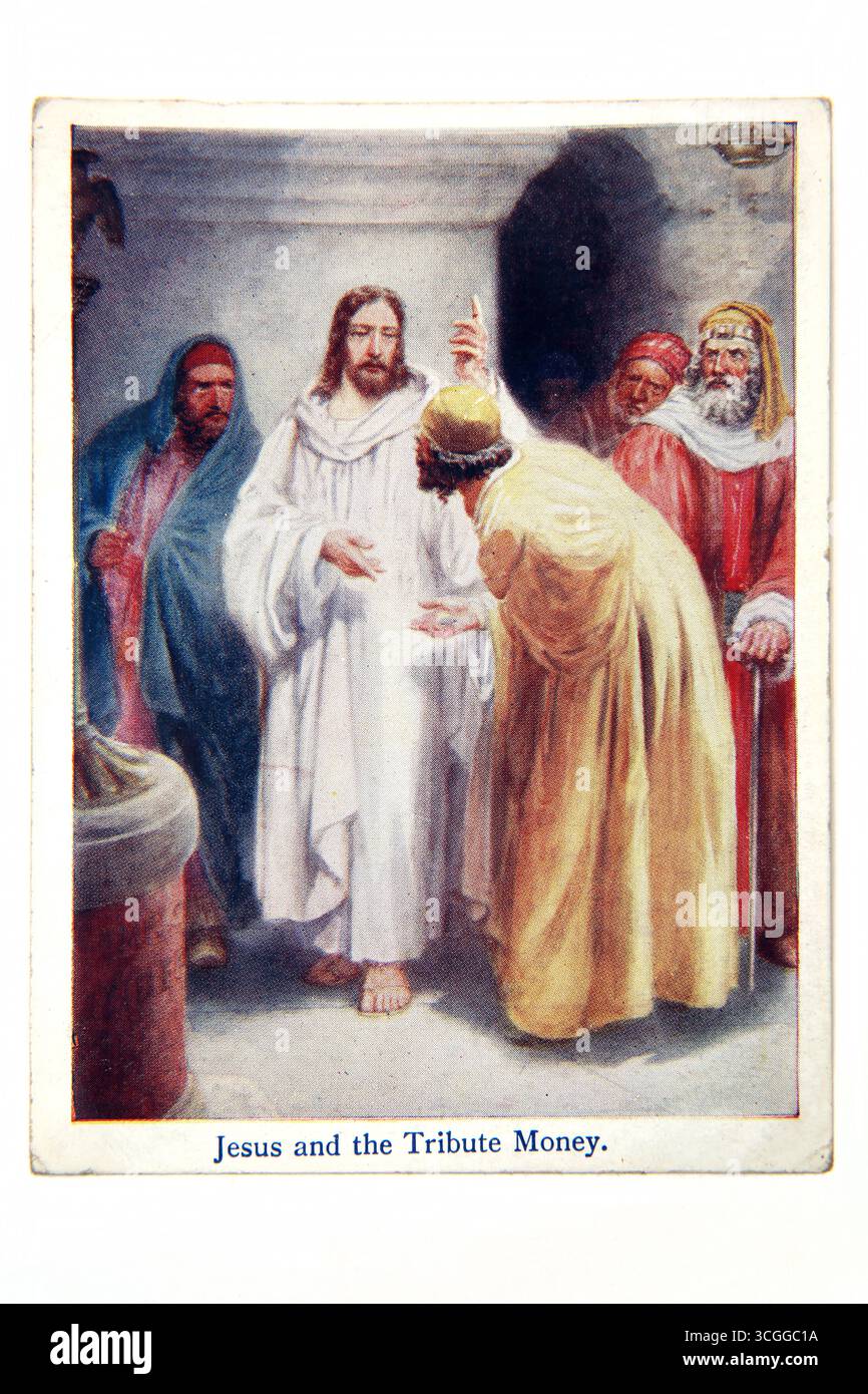 Illustrazione dei farisei che tentano di ingannare Gesù Cristo nel dare la sua opinione se pagare le tasse a Cesare è legittimo , allora Gesù indica la moneta Foto Stock