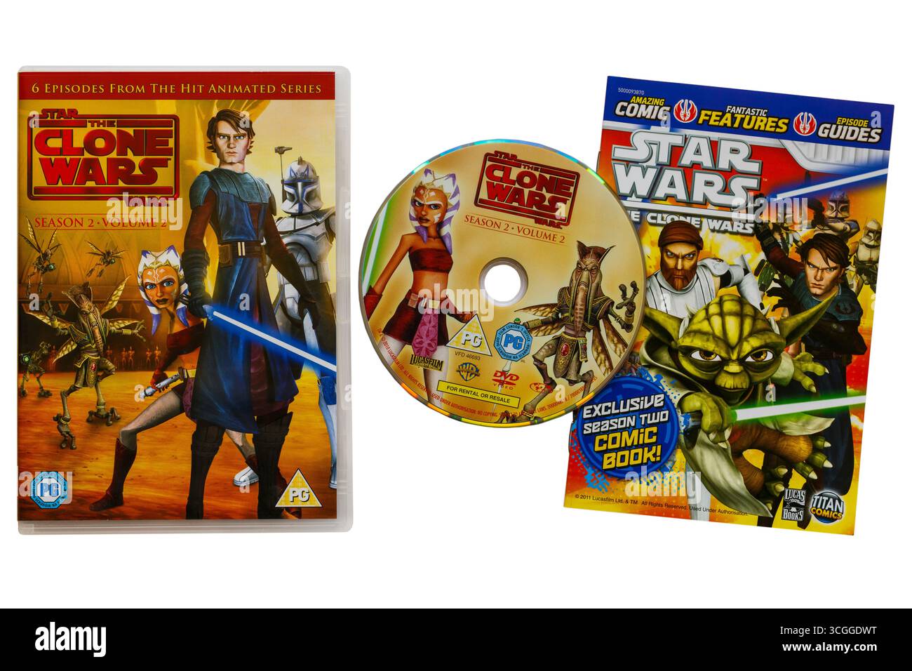 Il DVD di Clone Wars con il disco rimosso dalla custodia isolato su sfondo bianco Foto Stock
