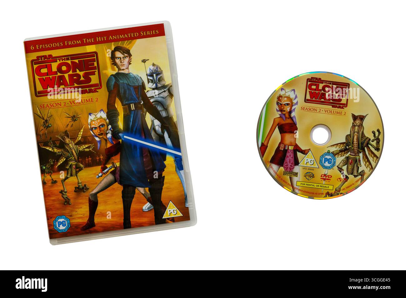 Il DVD di Clone Wars con il disco rimosso dalla custodia isolato su sfondo bianco Foto Stock