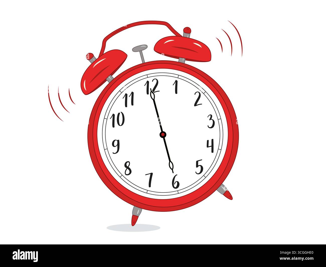 Illustrazione di una classica sveglia meccanica con due campane e un martello. Il quadrante dell'orologio mostra le 6:00, con linee di movimento Illustrazione Vettoriale