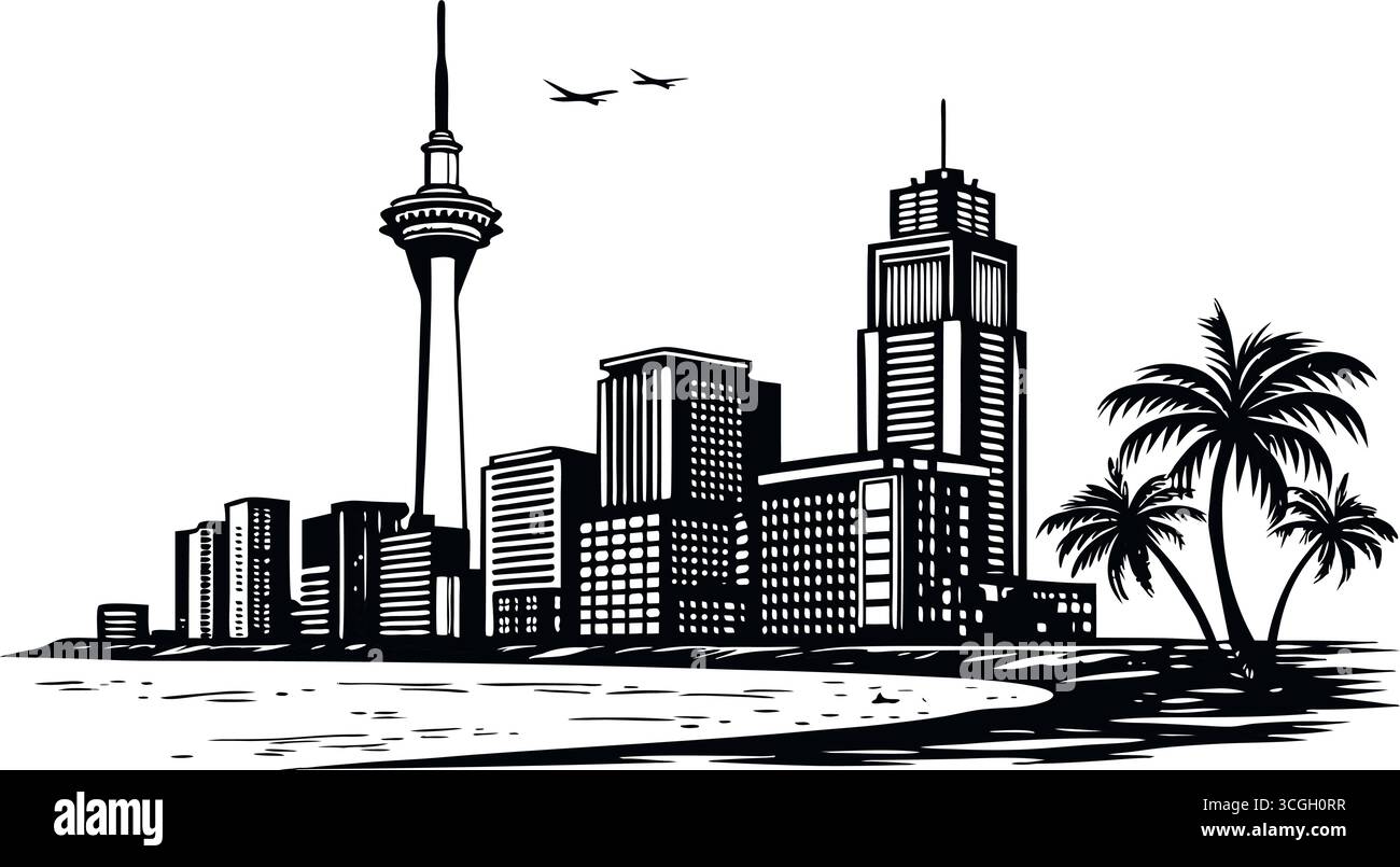 Il profilo dell'art of Auckland presenta edifici iconici e la torre sopraelevata con palme lungo il paesaggio del lungomare Illustrazione Vettoriale Il profilo dell'art of Auckland presenta edifici iconici e la torre sopraelevata con palme lungo il paesaggio del lungomare Illustrazione Vettoriale