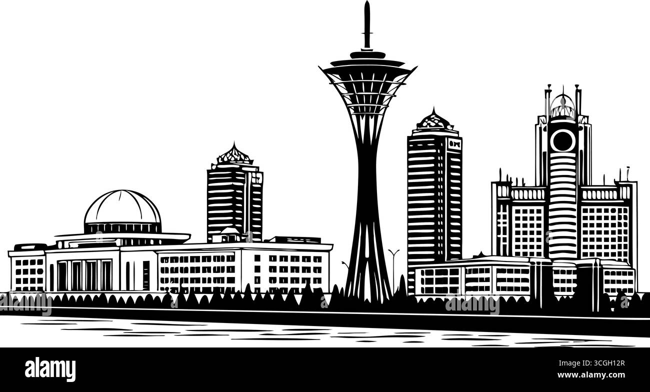 Art of Renew Nevada Citysearch silhouette che mostra edifici iconici e il fiume Truckee in un design minimalista e moderno Illustrazione Vettoriale