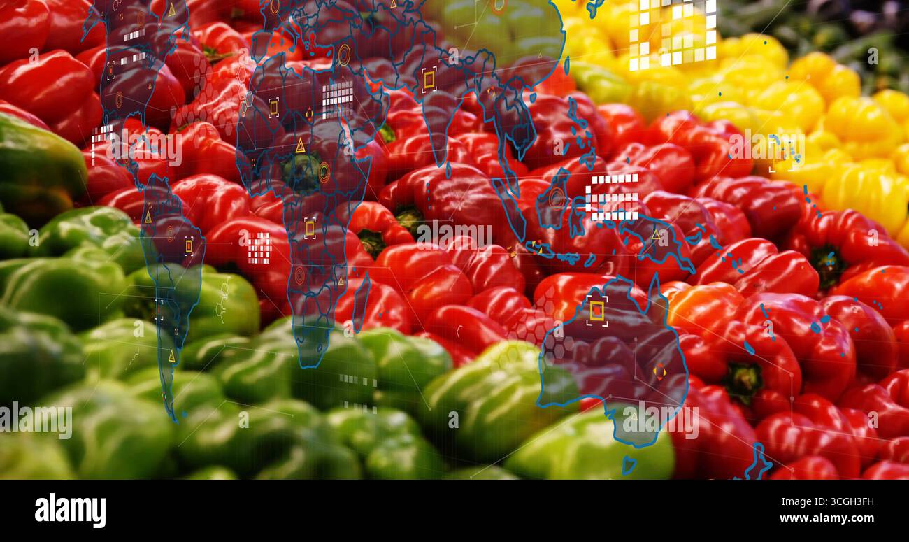 Visualizzazione di peperoni verdi rossi e gialli allo stallo del mercato, con mappa del mondo e icone dei dati Foto Stock