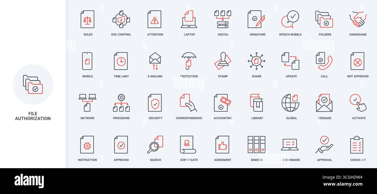 Autorizzazione e verifica, approvazione del file digitale e del set di icone della riga di documento. Regole e timbro, istruzioni per la ricerca, la condivisione e l'approvazione di simboli sottili di contorno nero e rosso illustrazione vettoriale Illustrazione Vettoriale