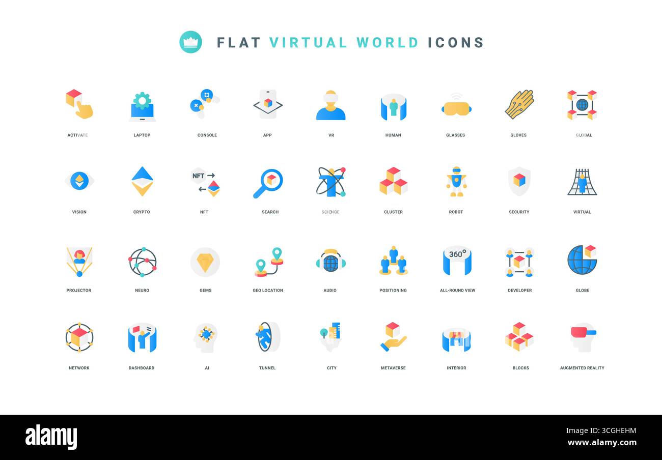 Innovazione futuristica, illustrazione vettoriale dei simboli sottili del cyberspazio. Viaggia verso la metaversa e l'esperienza del mondo virtuale con la realtà virtuale e i dispositivi digitali, con il set di icone piatte con schermo panoramico Illustrazione Vettoriale