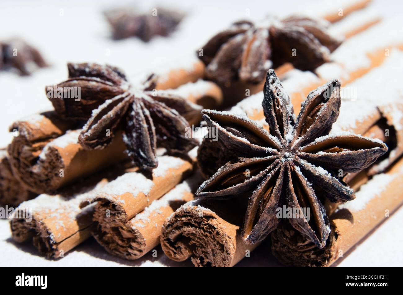 Cannella secca e anice stellato ricoperto di zucchero a velo come neve. Foto Stock
