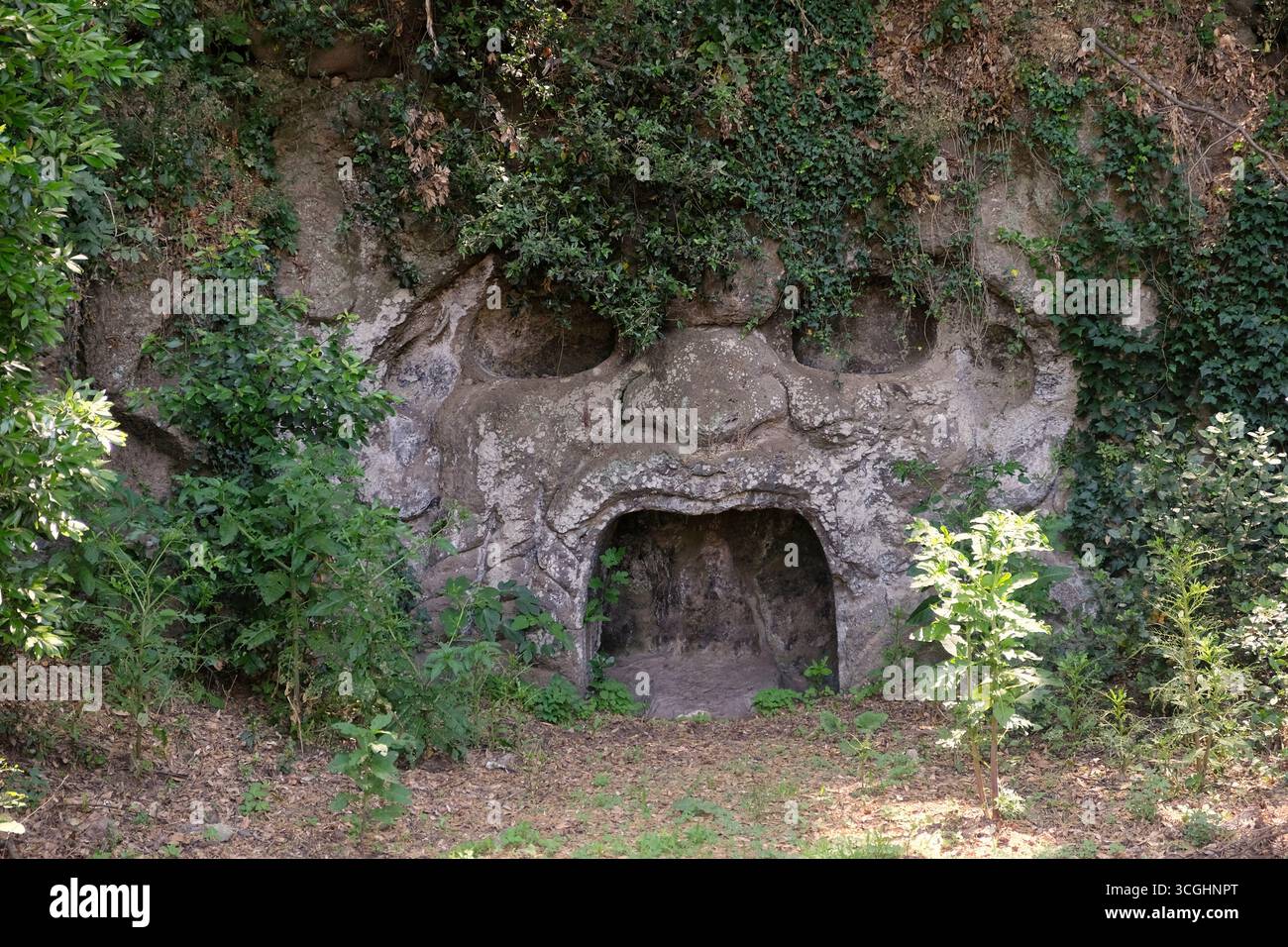 Grotta rupestre del XVII secolo di un gargoyle a bocca aperta nei Giardini del Belvedere Aldobrandini Villa a Frascati, Roma Italia Foto Stock