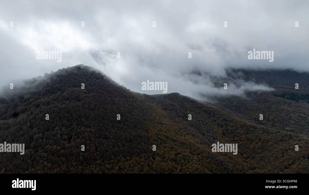 La nebbia che si snoda sulle montagne boscose creando un'atmosfera suggestiva e tranquilla nella catena montuosa aralare, Navarra, Spagna Foto Stock