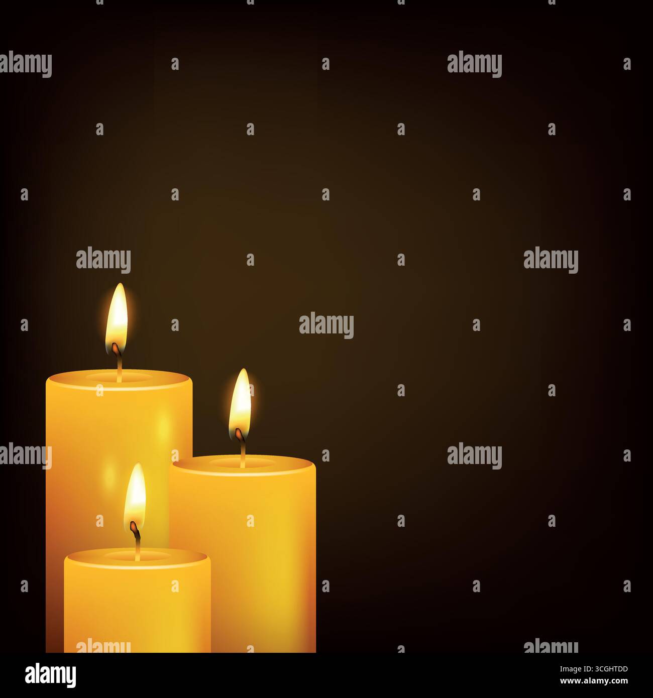 Illustrazione vettoriale a tre candele bruciate. Set realistico di candele a cera con fiamme. Accoglienti icone decorative a forma di candela. Candle Group isolato per Spa Illustrazione Vettoriale
