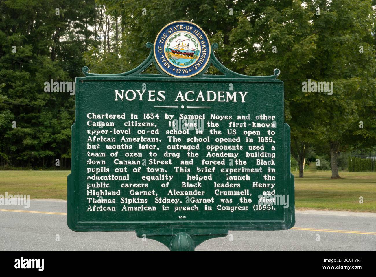 Targa informativa della Noyes Academy a Canaan nel New Hampshire Foto Stock