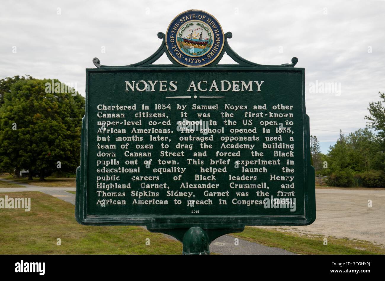 Targa informativa della Noyes Academy a Canaan nel New Hampshire Foto Stock