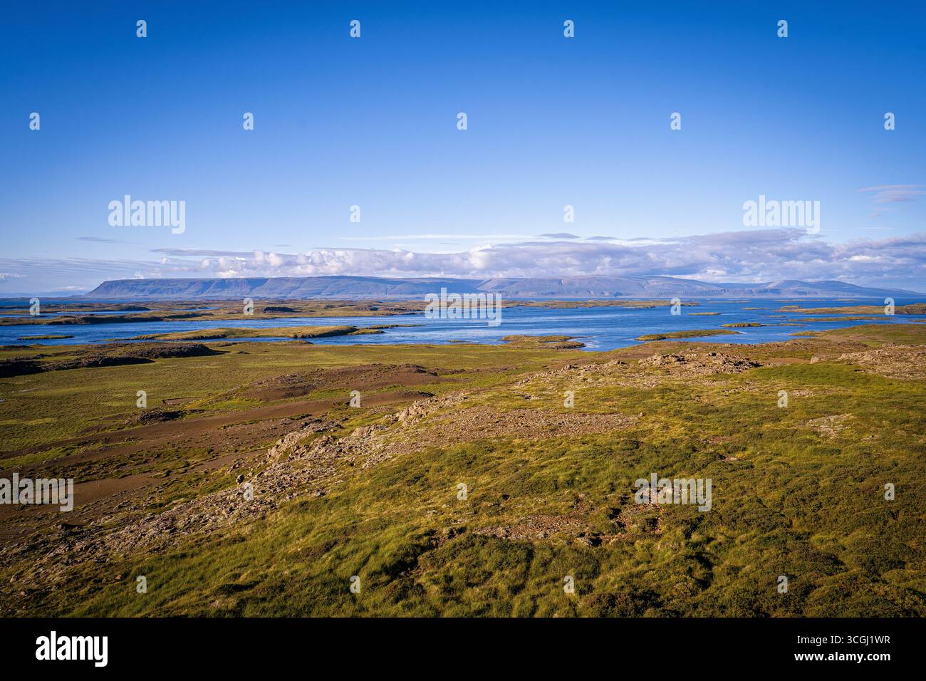 Laghi blu scintillanti si spargono attraverso i paesaggi selvaggi dell'Islanda, dove pianure verdi e montagne lontane si incontrano sotto un cielo cristallino Foto Stock