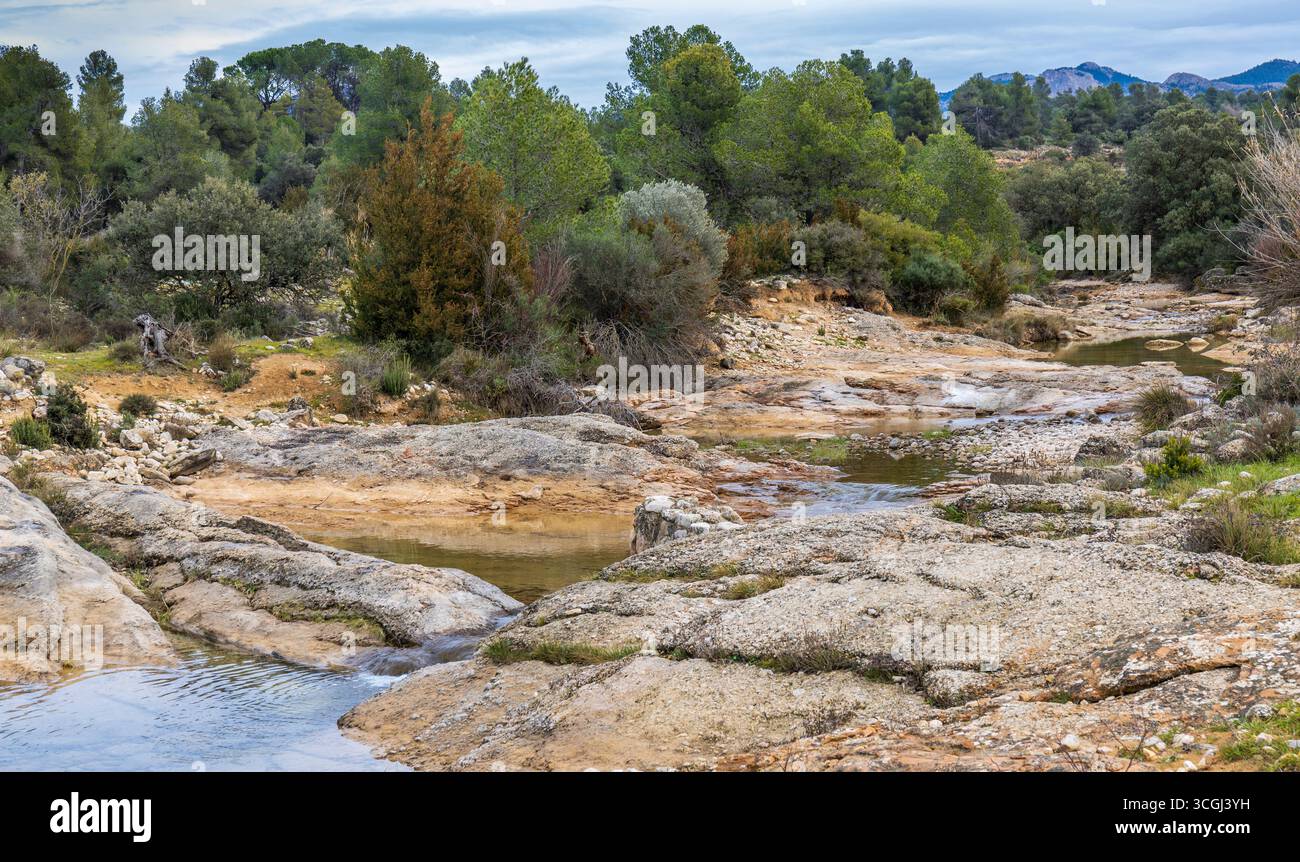 Il tortuoso fiume scivola giù dalle montagne attraverso un paesaggio roccioso circondato dalla foresta Foto Stock
