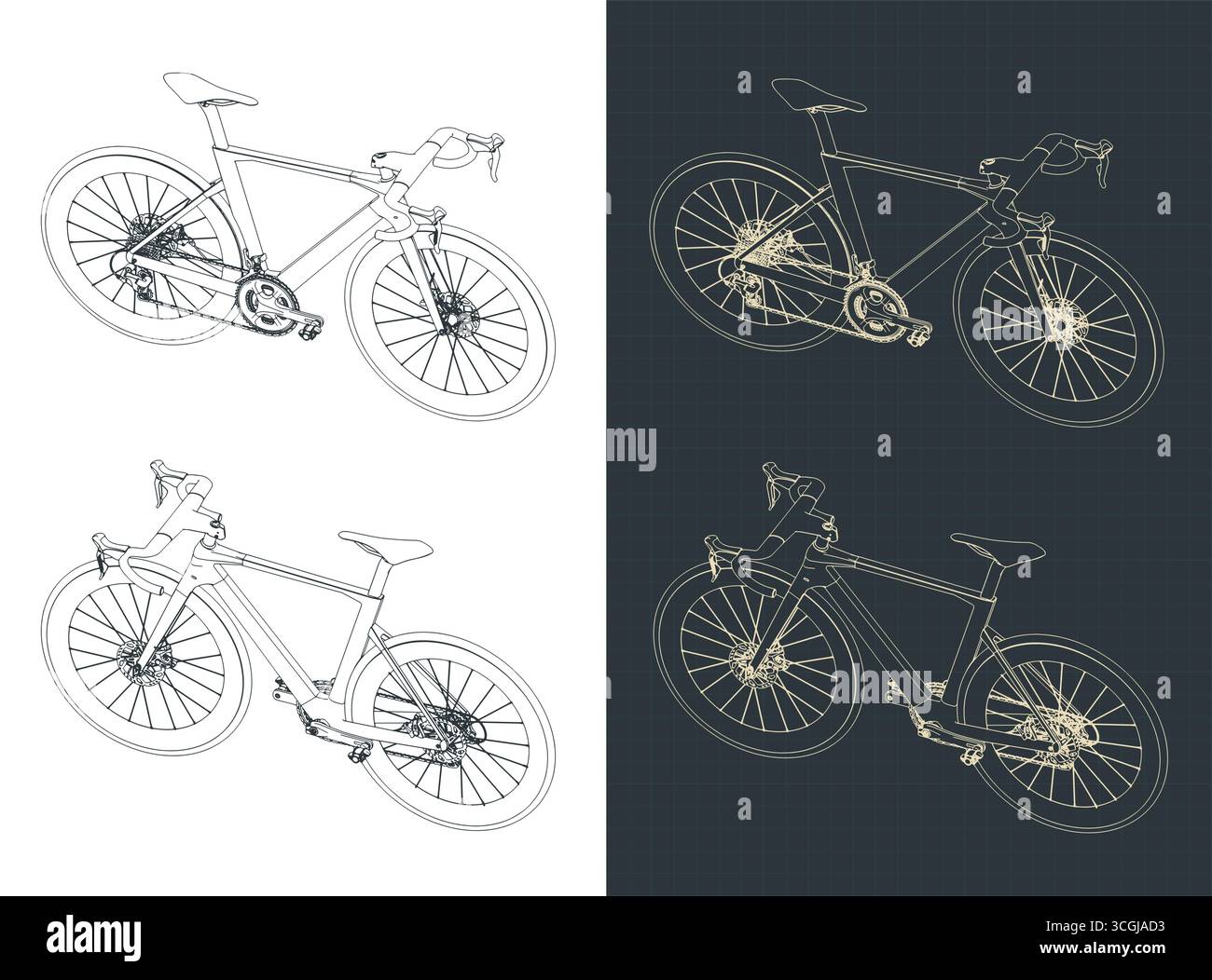 Disegni isometrici delle bici da strada in carbonio illustrazioni vettoriali stilizzate Illustrazione Vettoriale