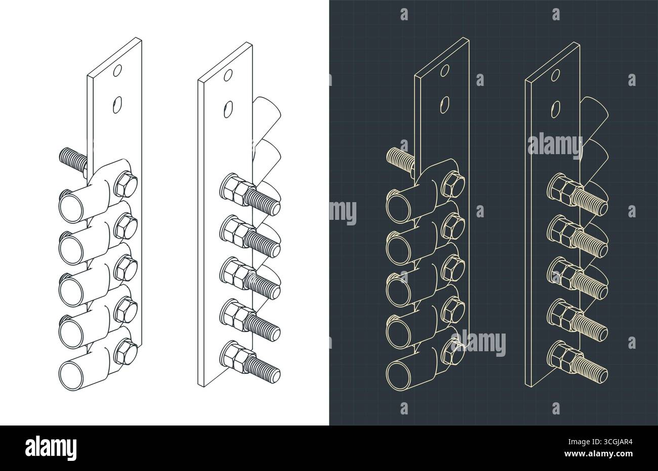 Capocorda del trasformatore collegato ai terminali del trasformatore disegni isometrici illustrazioni vettoriali stilizzate Illustrazione Vettoriale