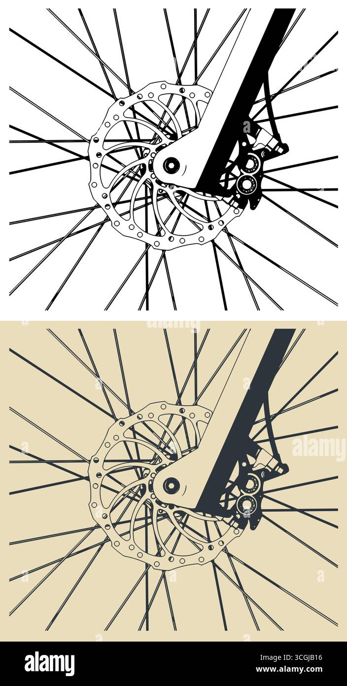 FAT bike MTB ruota anteriore freno a disco meccanico primo piano illustrazione vettoriale stilizzata Illustrazione Vettoriale