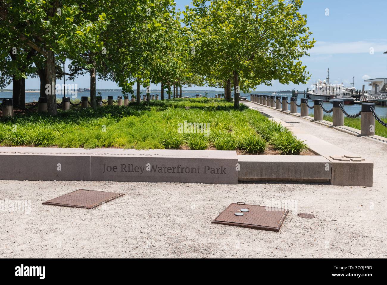 Charleston, South Carolina, Stati Uniti - 2 luglio 2025: Joe Riley Waterfront Park con alberi, vegetazione e vista sul porto in una giornata estiva di sole. Foto Stock