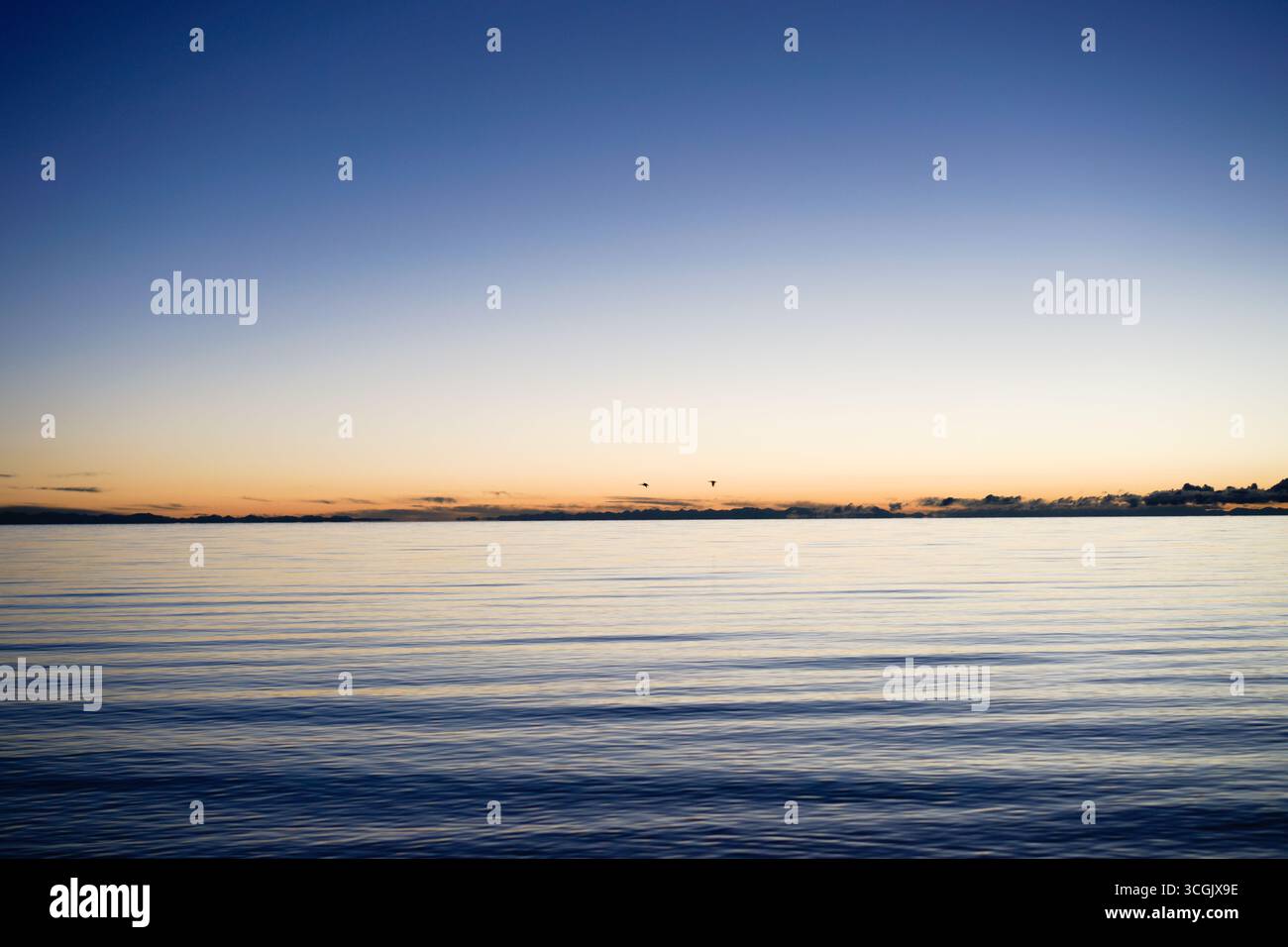 Il Lago Qinghai in Cina mostra acque calme sotto un cielo in pendenza con nuvole lontane e un frammento di luce dorata lungo l'orizzonte, invitando a un senso di Foto Stock