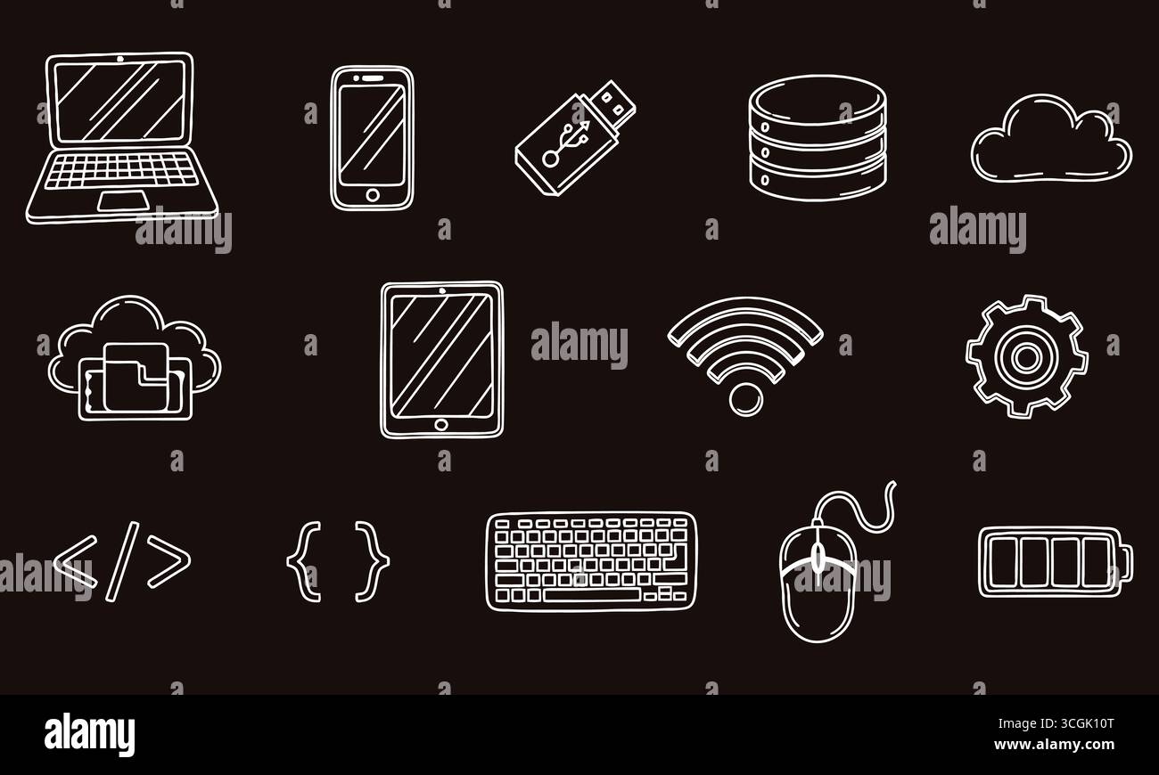 L'icona della tecnologia Doodle disegnata a mano crea gadget moderni e concetti digitali per app e siti Web Illustrazione Vettoriale