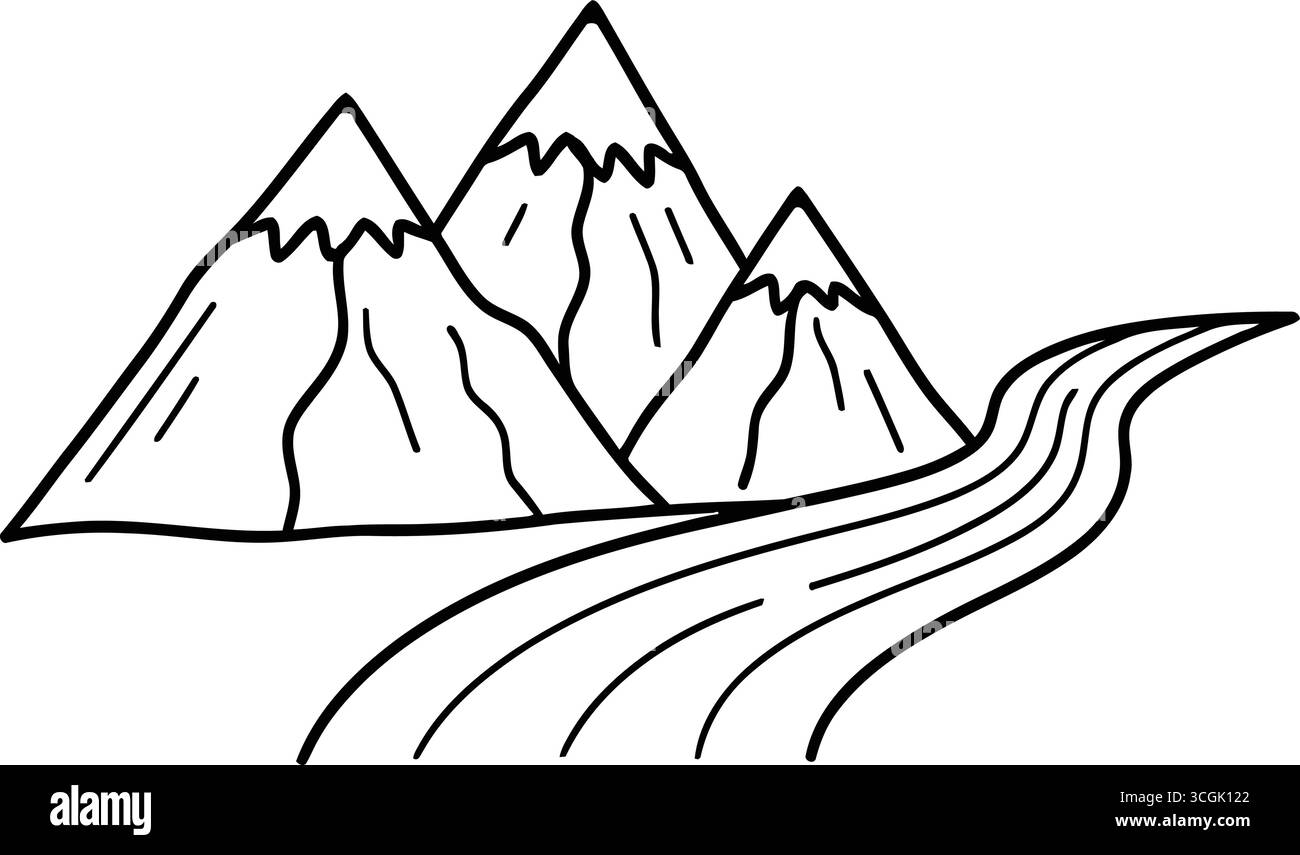 Paesaggio montano in stile artistico Doodle con una scenografia tortuosa sul fiume Illustrazione Vettoriale