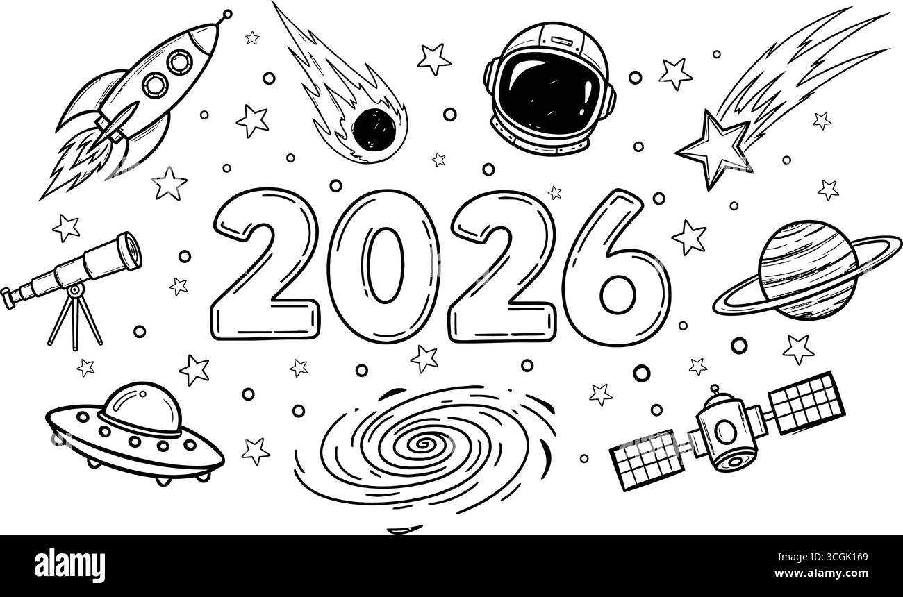 Oggetti disegnati a mano a tema spaziale con "2026" e oggetti celesti Illustrazione Vettoriale