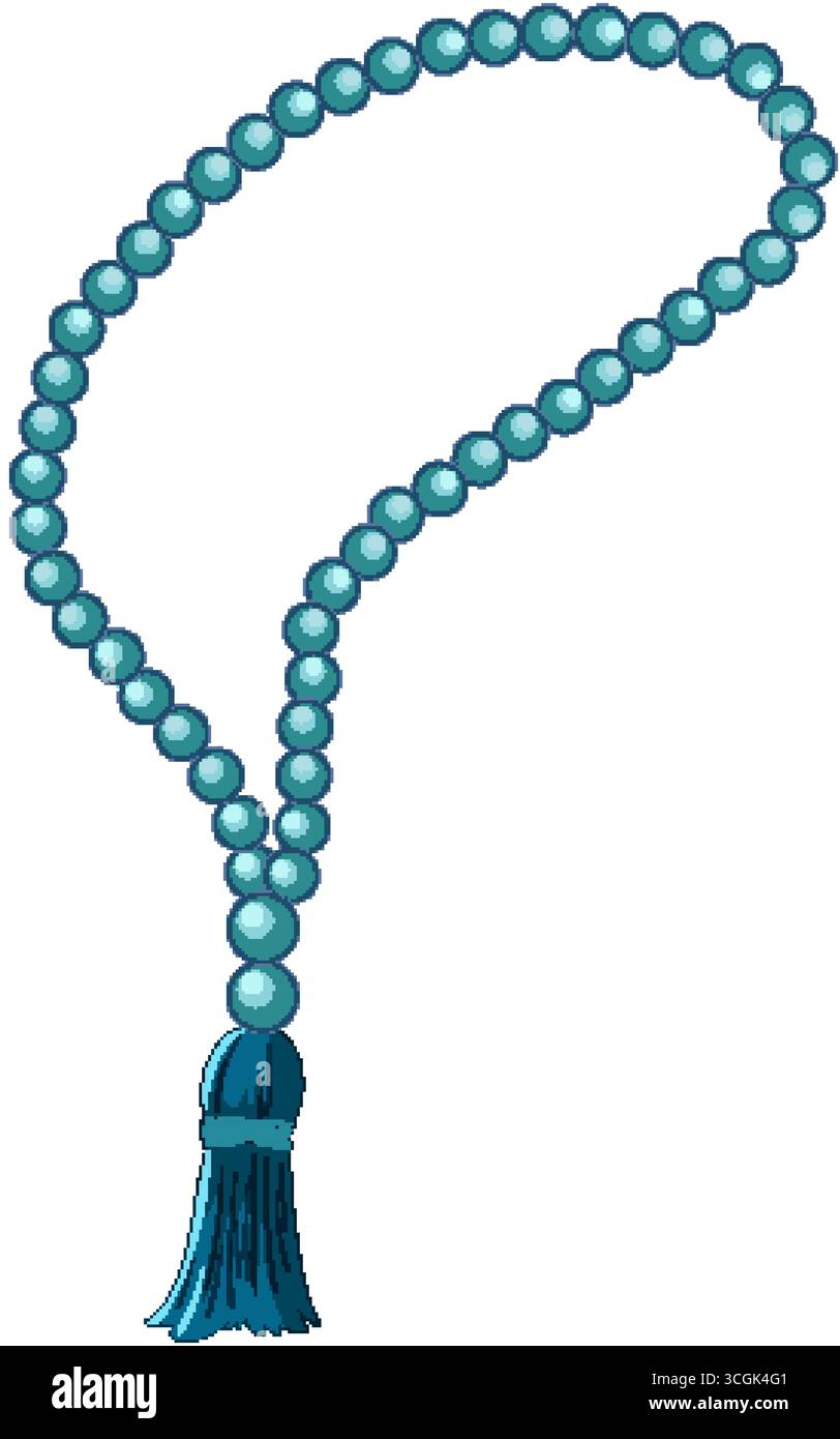 Vettore digitale di perline di preghiera blu e nappina, linee pulite, sfumature sfumate morbide, sfondo isolato Illustrazione Vettoriale