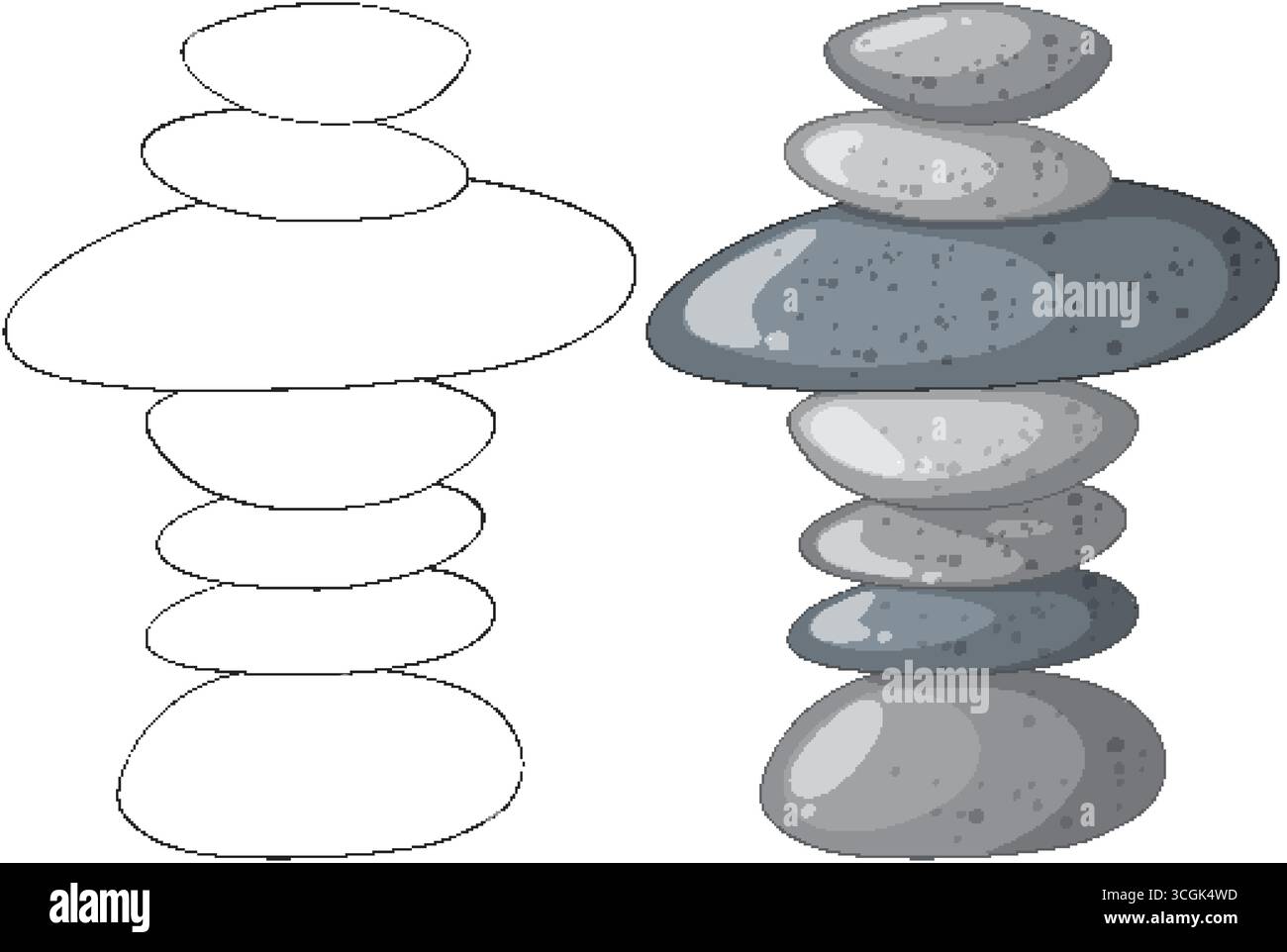 Pietre lisce bilanciate in scala di grigi, contorno affiancato e vettoriale colorato, stile digitale pulito Illustrazione Vettoriale