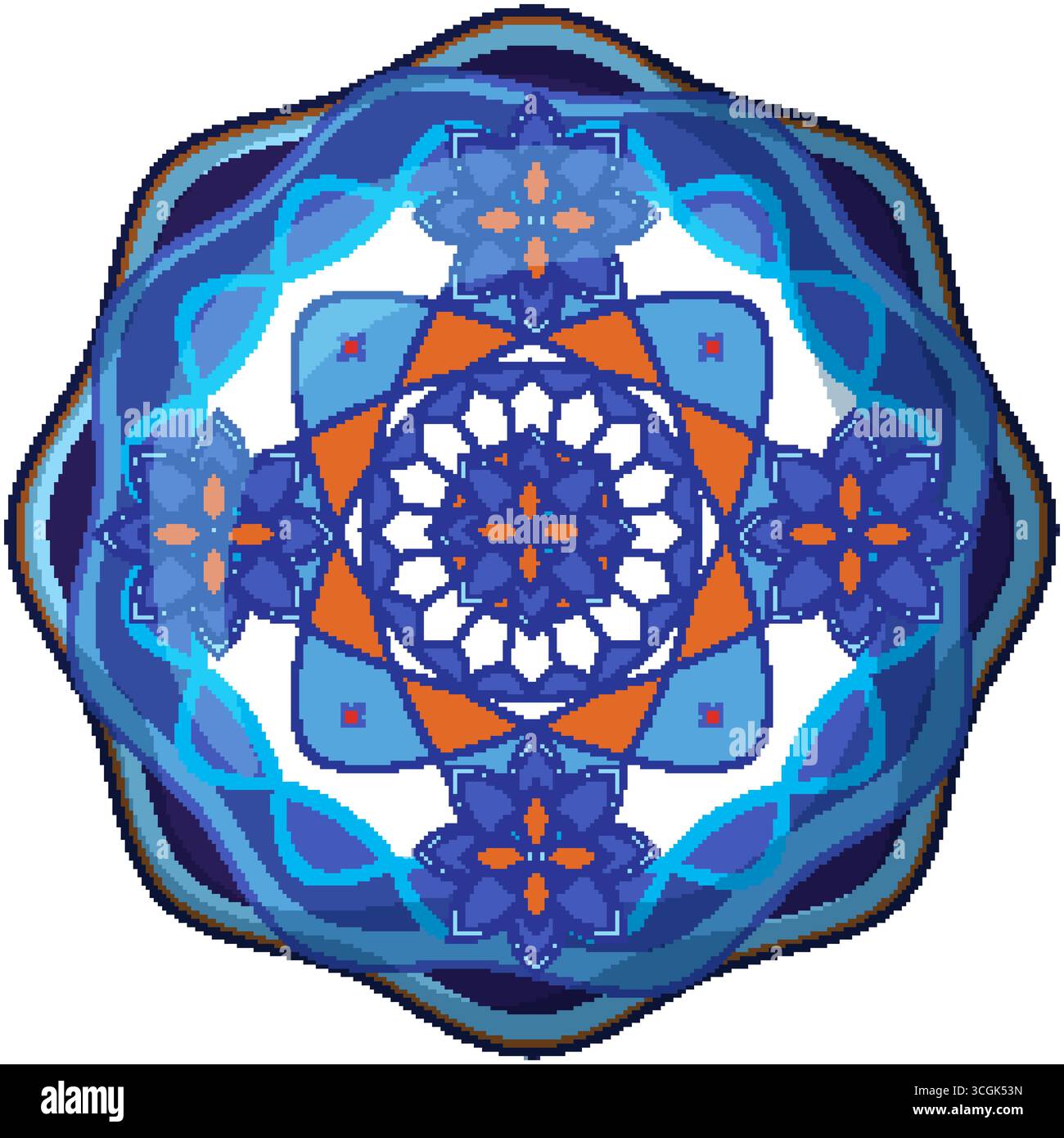 Mandala vettoriale simmetrico con forme geometriche floreali blu e arancione, linee intricate, stile piatto Illustrazione Vettoriale