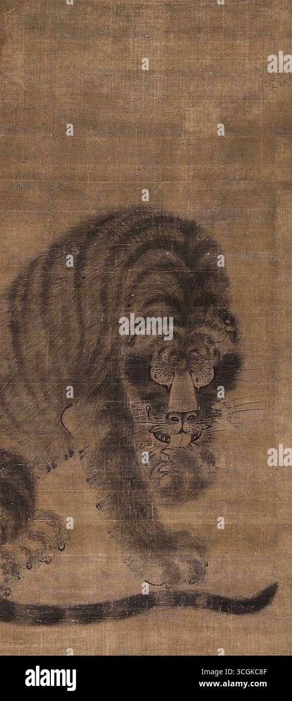 Tiger, attribuito a Chen Rong - Song Dynasty Hanging Scroll in Ink on Silk Foto Stock