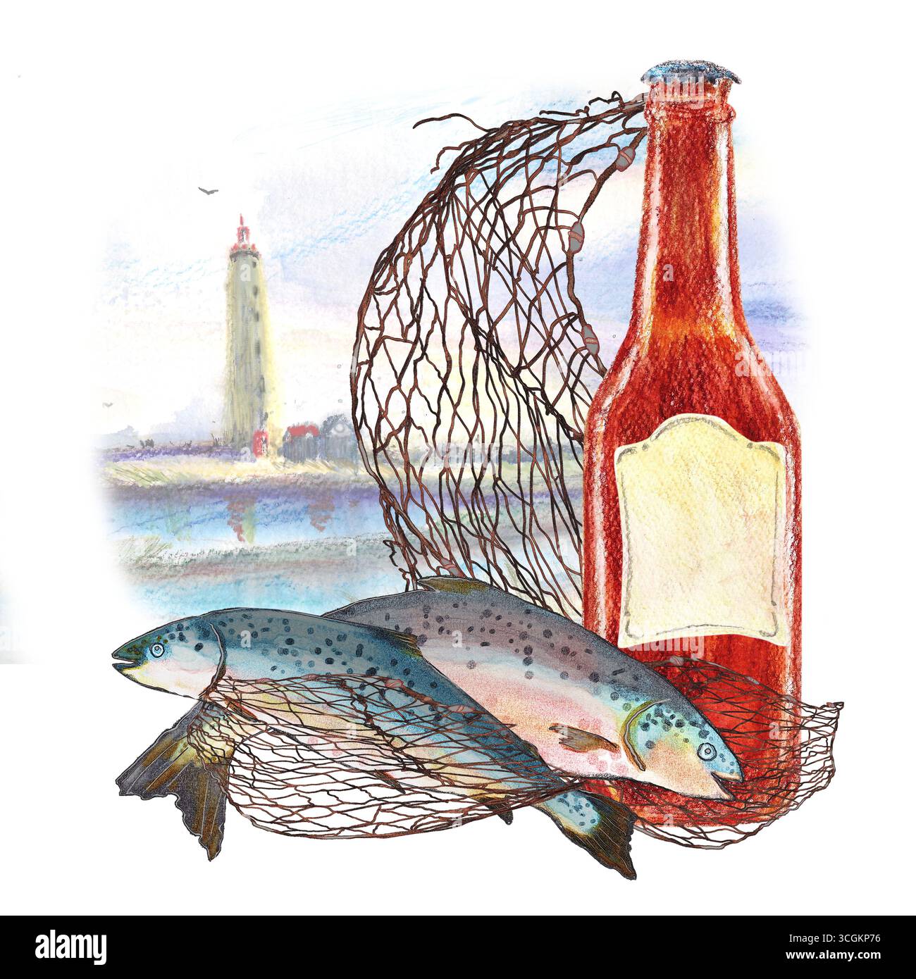 Rete di bottiglie di birra marrone, mare e faro. Due salmoni in reti. Clip art acquerello. Turismo ittico islandese. Per riviste e mappe di viaggi, menu r Foto Stock