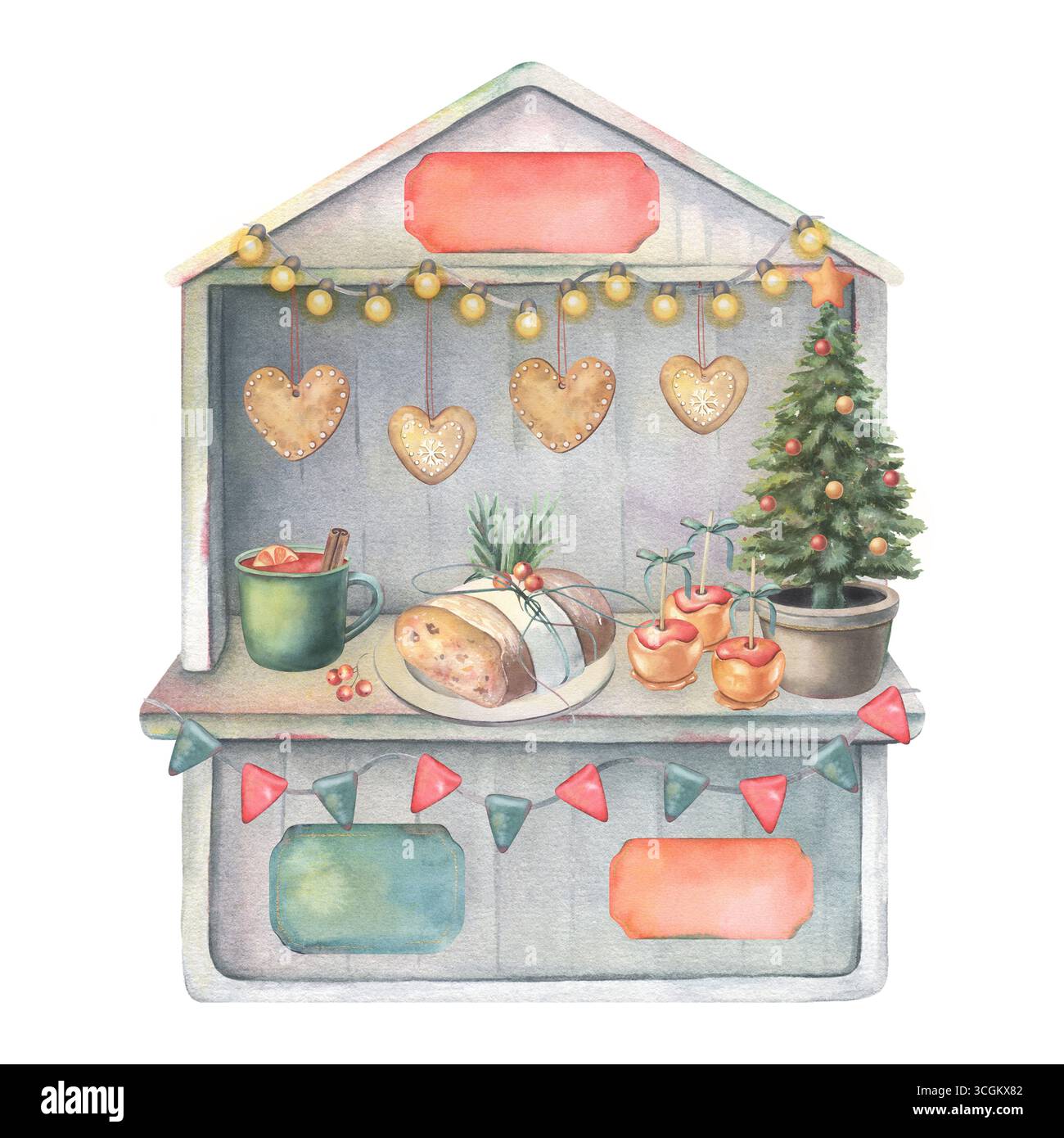 Mercatino d'epoca, albero di Natale, bandiere, luci, cartelli vuoti, cibo e bevande tradizionali festivi. Illustrazione ad acquerello dipinta a mano isolata Foto Stock