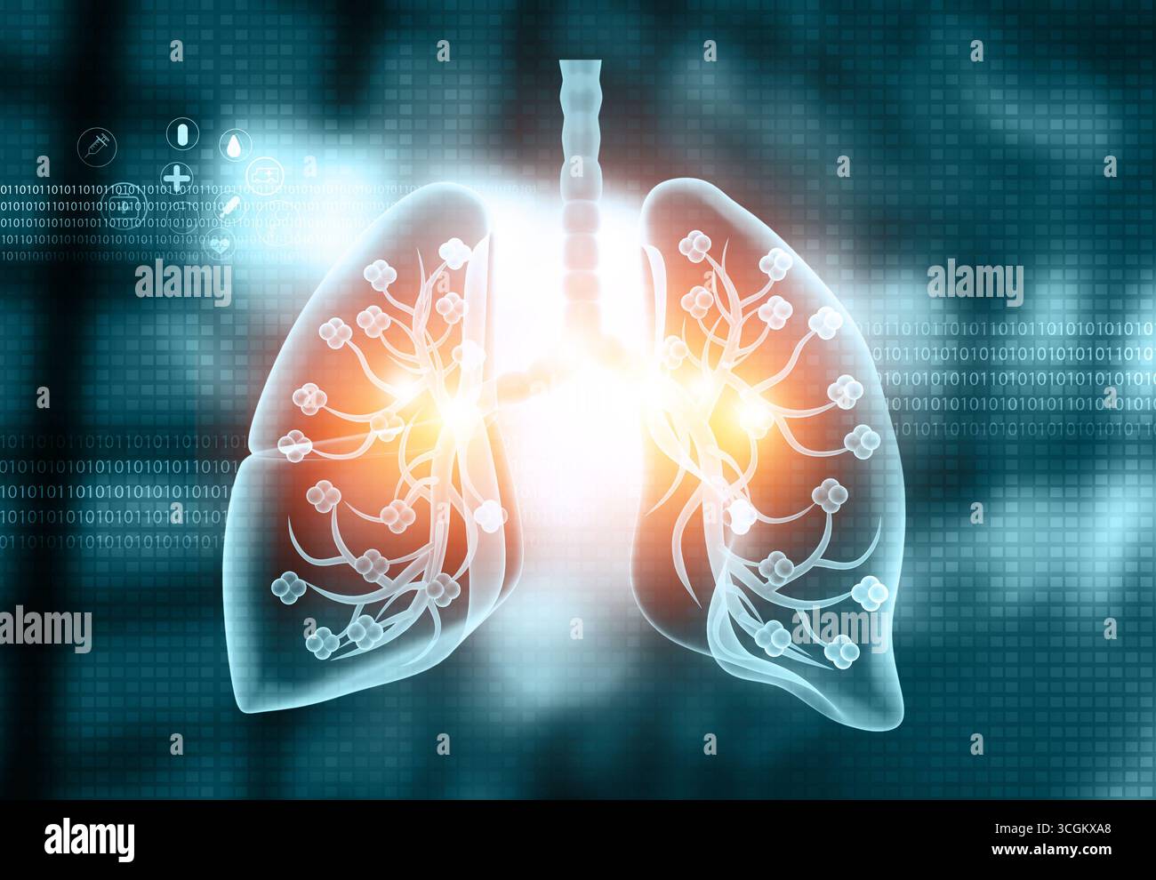 Bella anatomia dei polmoni umani su sfondo scientifico. illustrazione 3d Foto Stock