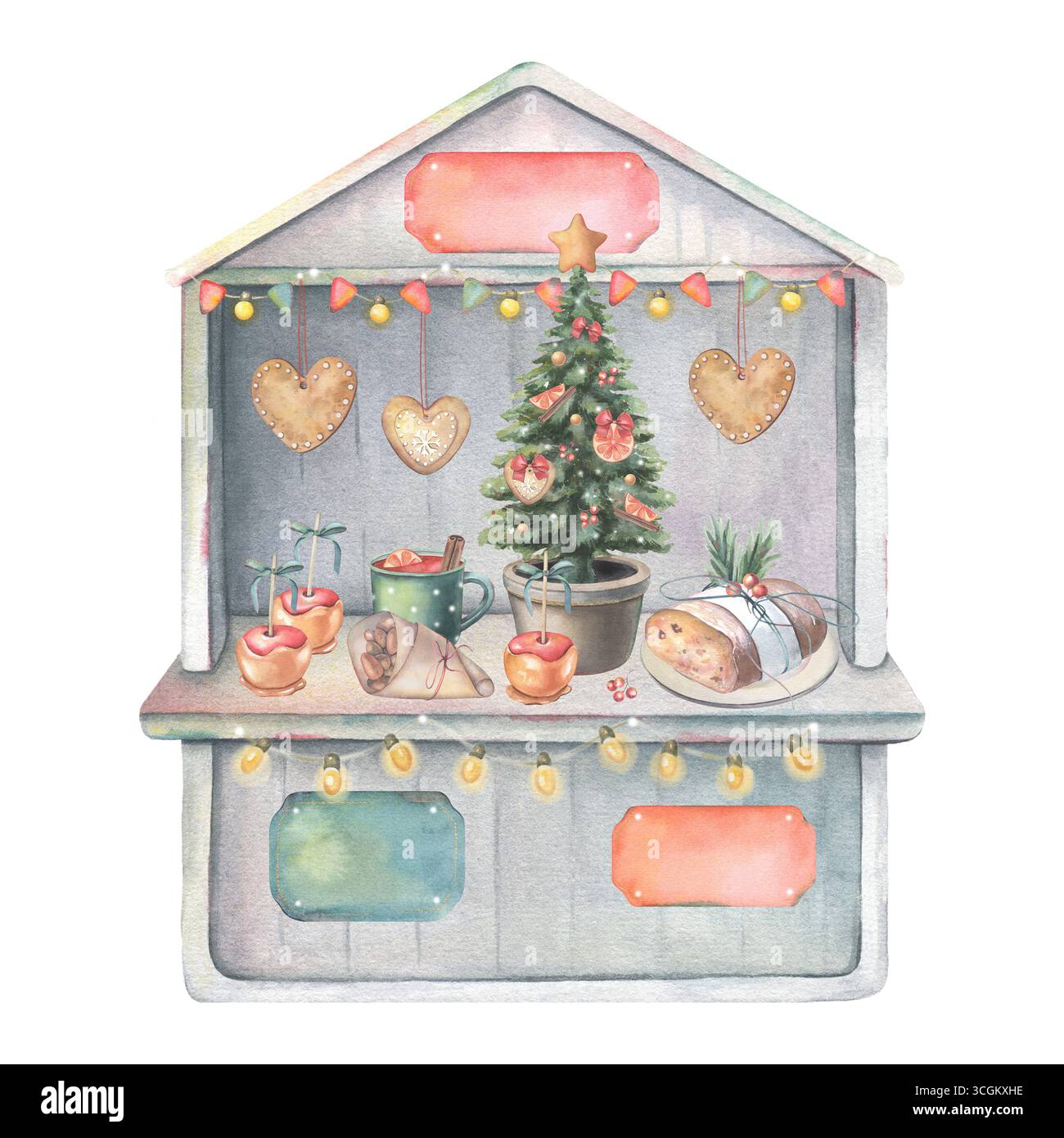 Mercatino d'epoca, albero di Natale, bandiere, luci, cartelli vuoti, cibo e bevande tradizionali festivi. Illustrazione ad acquerello dipinta a mano Foto Stock
